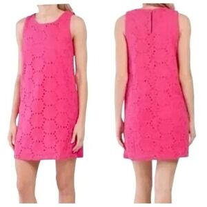 Sigrid Olsen Embroidered Eyelet Mini Shift Dress Womens L Fuchsia Pink Feminine